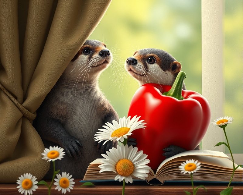 bell pepper, otter, curtain, daisy, book